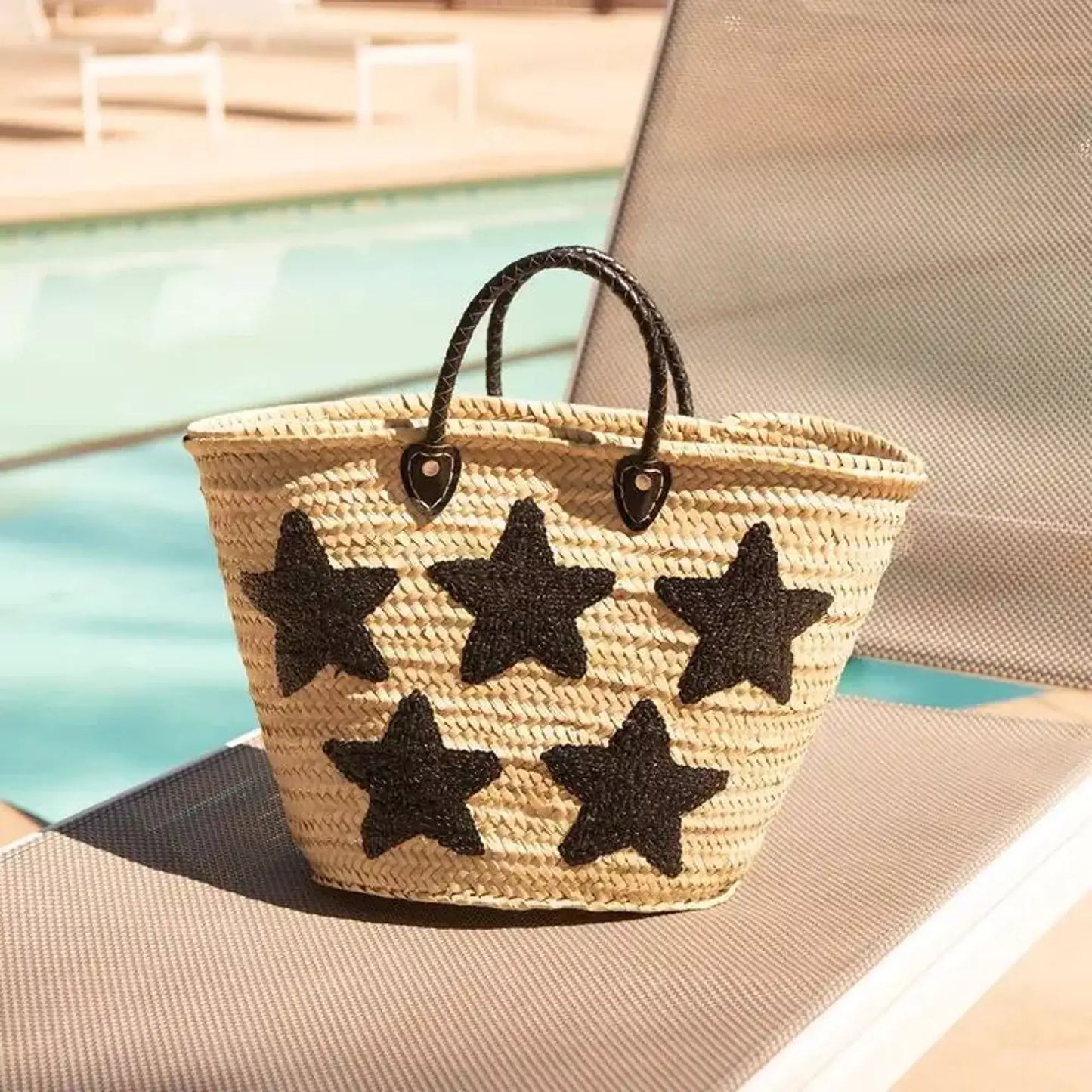 King Of Handmade - Large straw tote bag with black stars - Straw Tote Bag