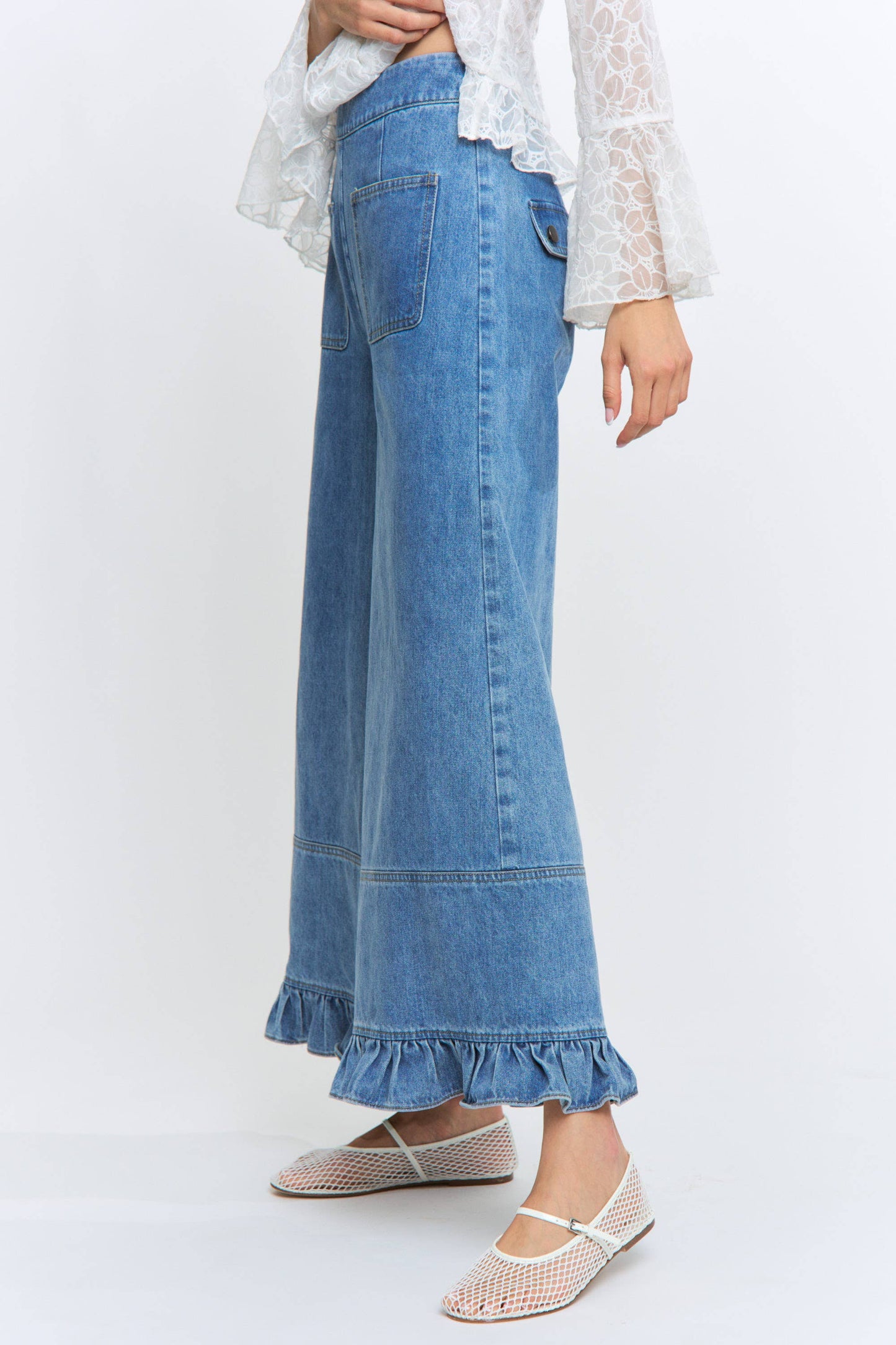 Camellia -  Wide-Leg Denim Trousers with Ruffle Hem