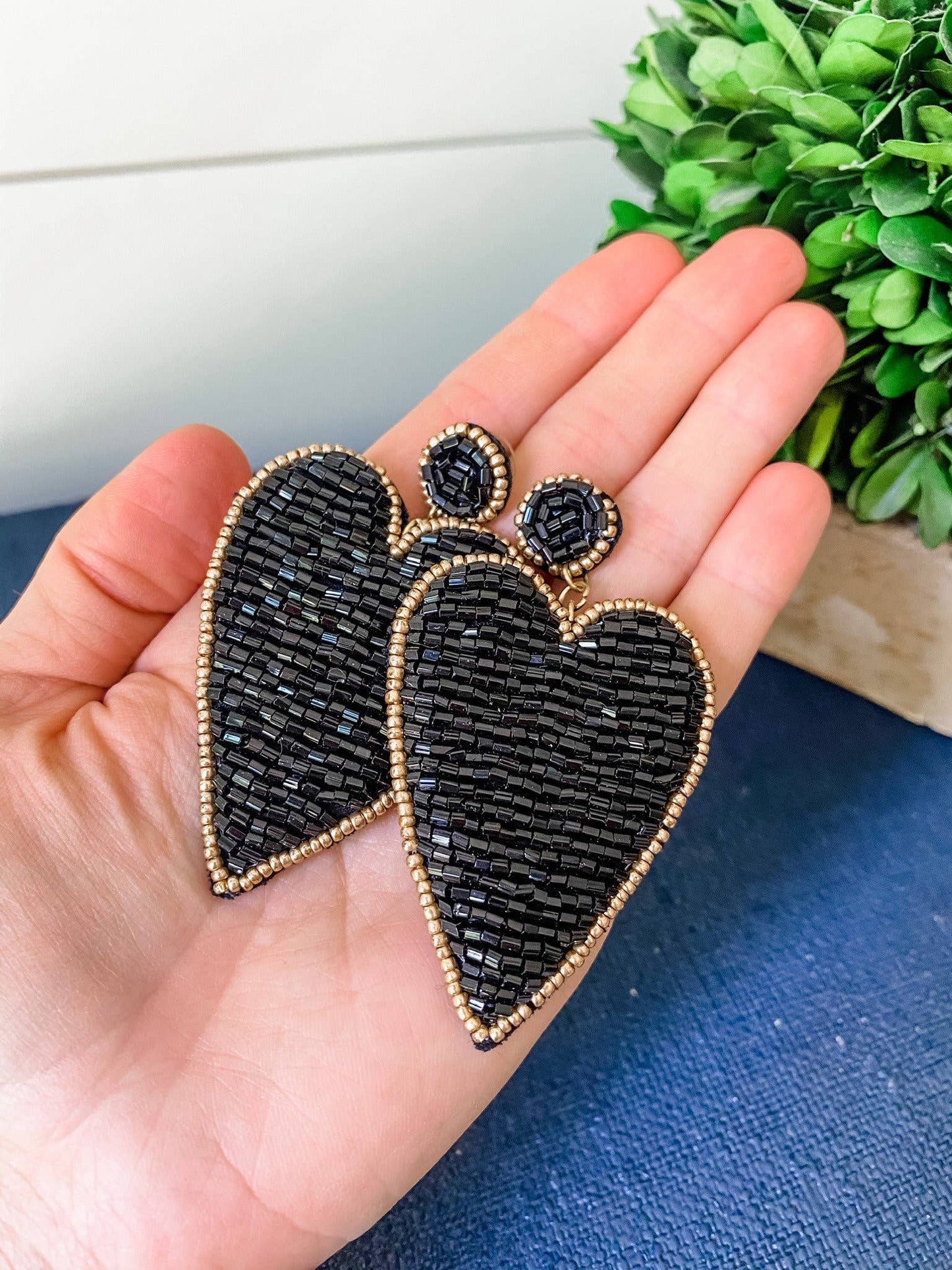 Black Beaded Heart Earrings with Gold Accents