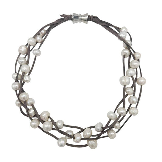 Girl With A Pearl  GRAY SUEDE 4-STRAND WHITE PEARL NECKLACE