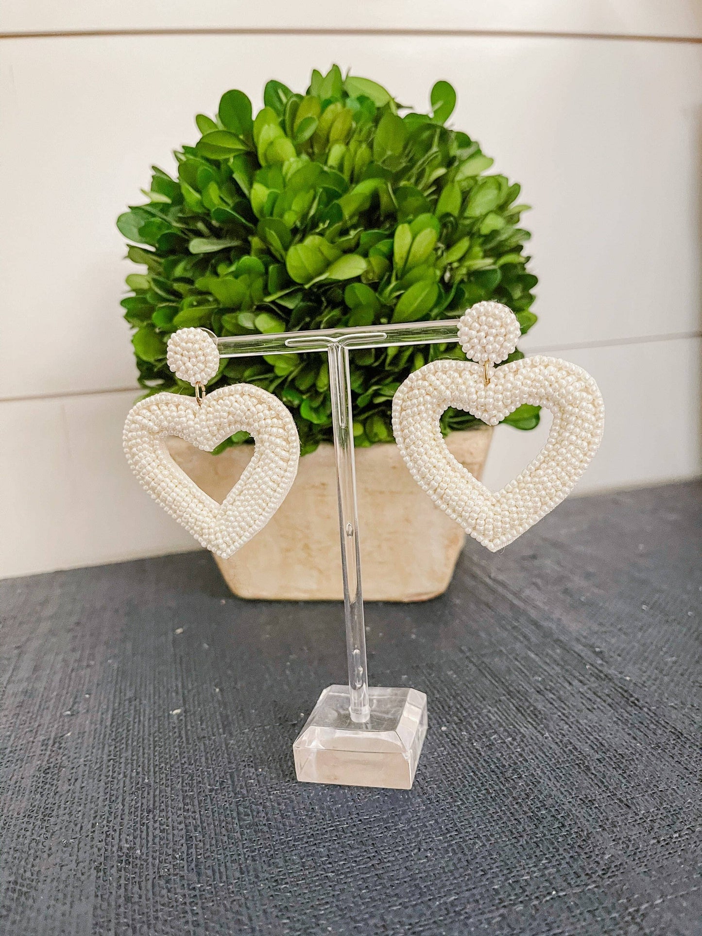 Ivory Beaded Heart Statement Earrings