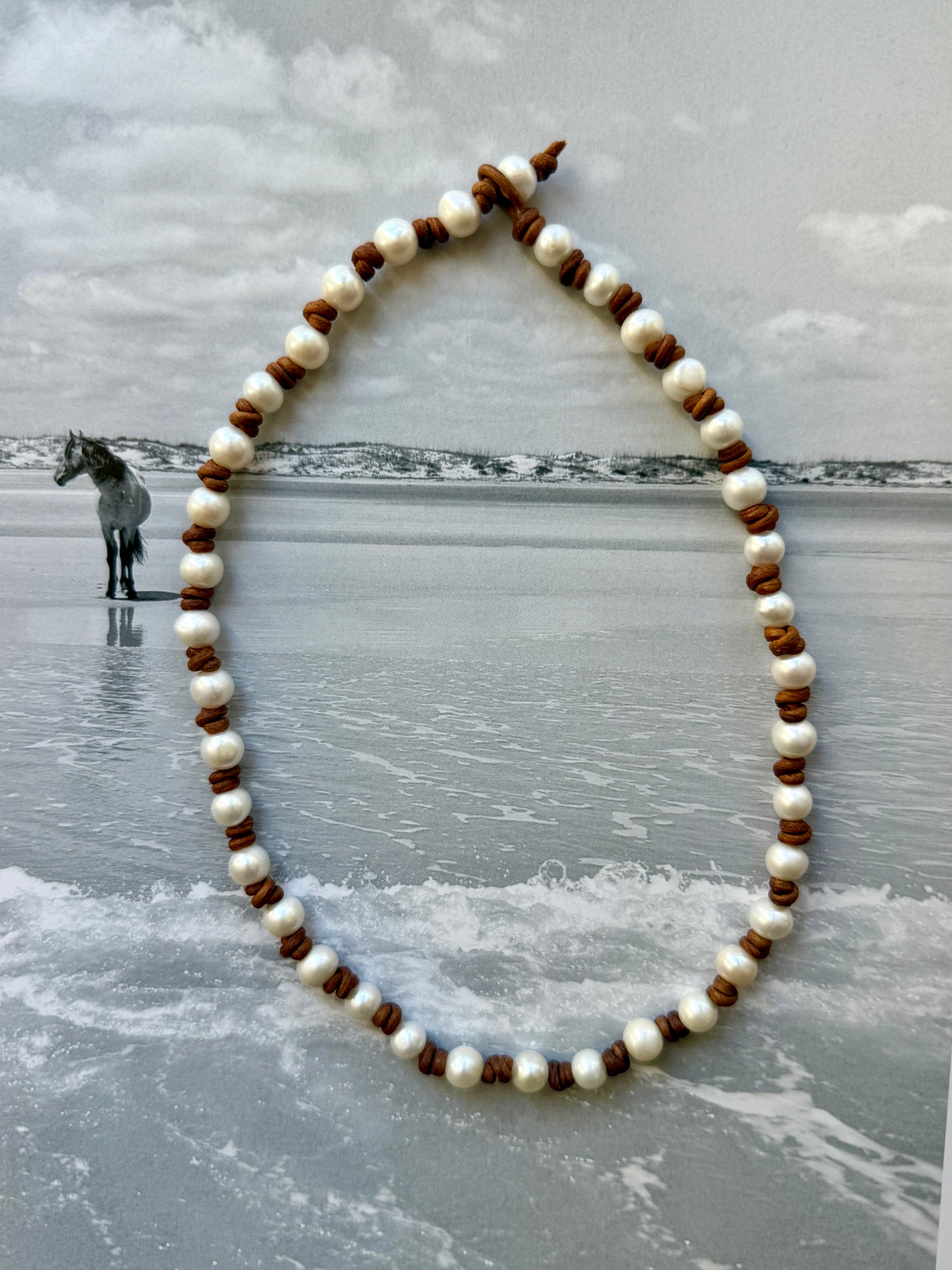 Cactus Rose Studios Leather Pearl Necklace- off white