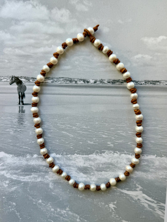 Cactus Rose Studios Leather Pearl Necklace- off white