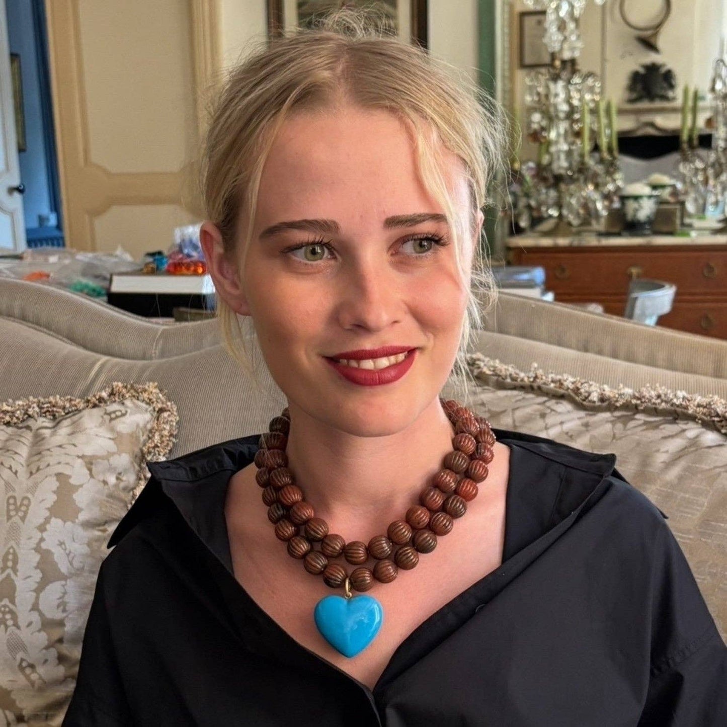 Michael Nash Jewelry - Amour Carved Tortoise Resin Beads With Turquoise Resin Heart Pendant