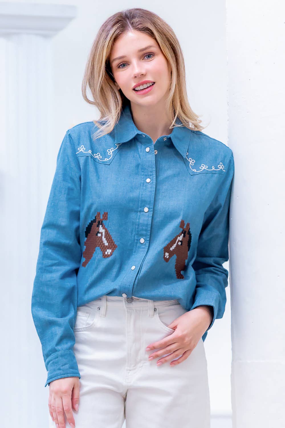 Taelynn LONG SLV BUTTON DOWN DENIM EMBROIDERY SHIRT