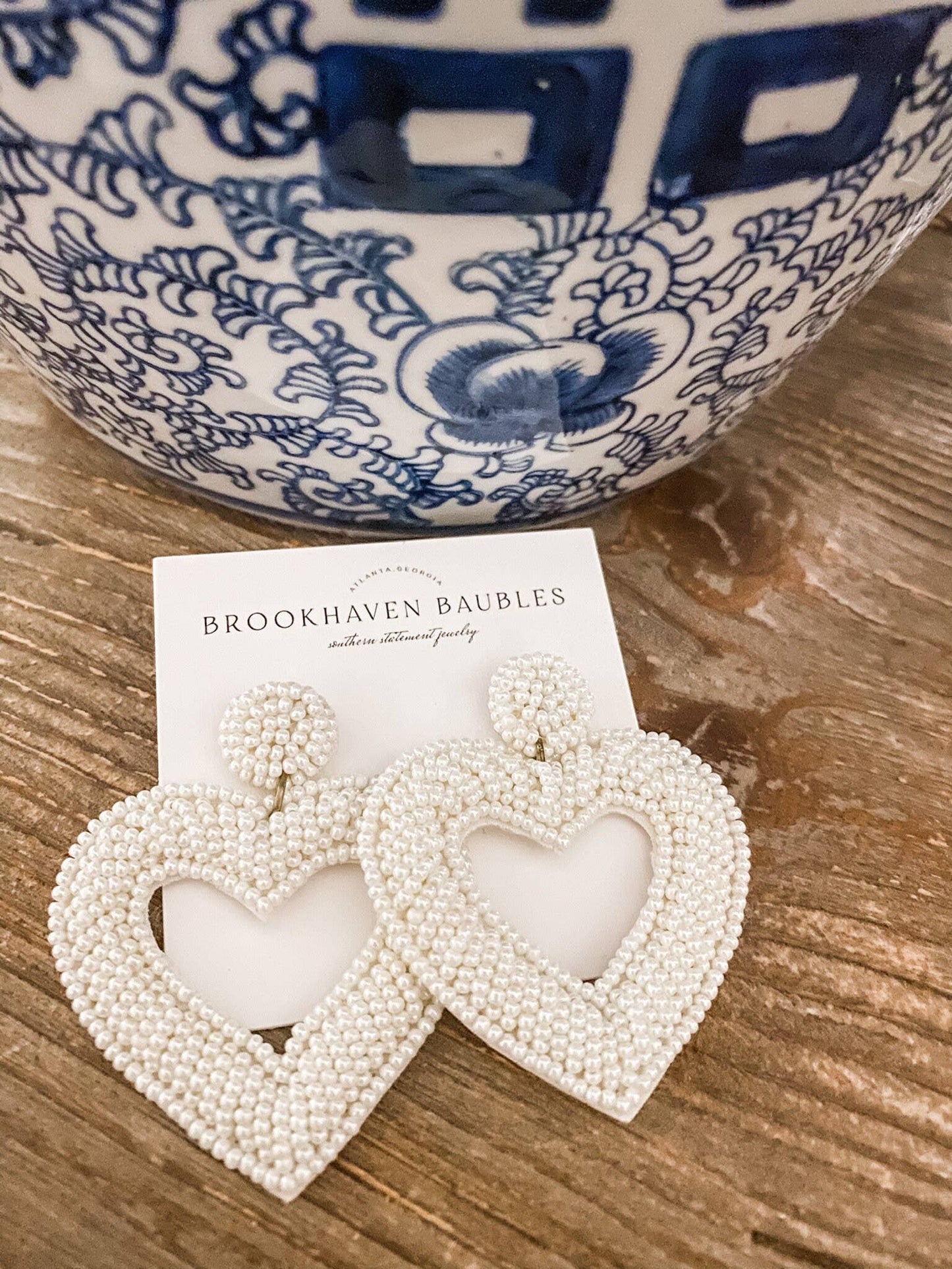 Ivory Beaded Heart Statement Earrings