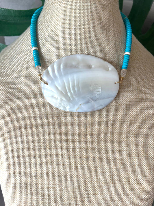 Mother of Pearl Statement with Turquoise  Bead Necklace