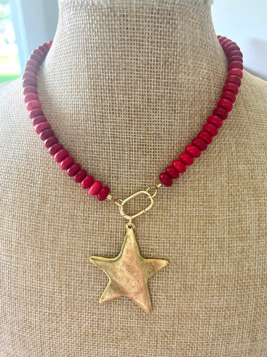Grace Designs - Red Bead Large Gold Star Necklace