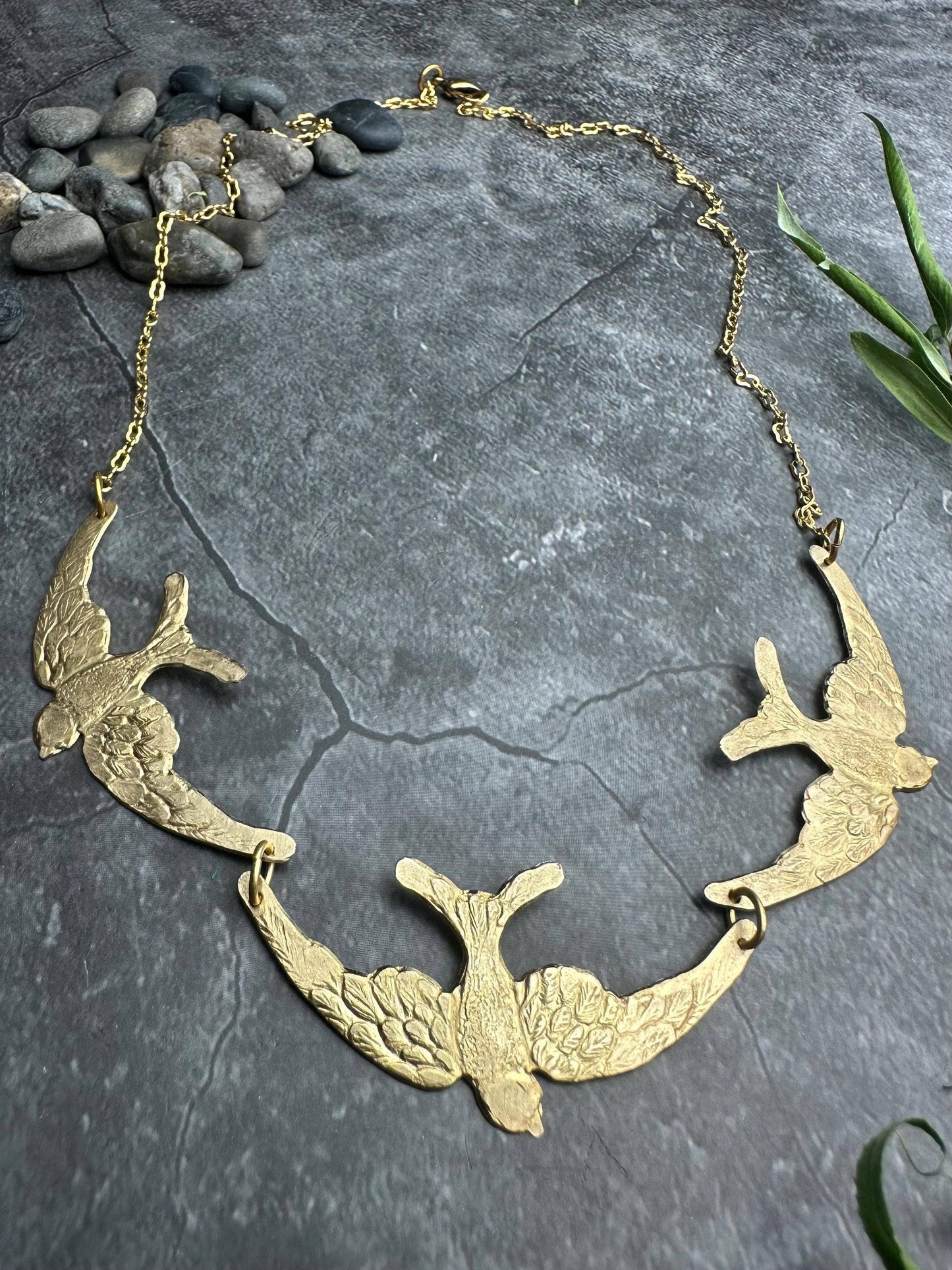 Bird Statement Necklace – Brass Swallow Collar Necklace – Na