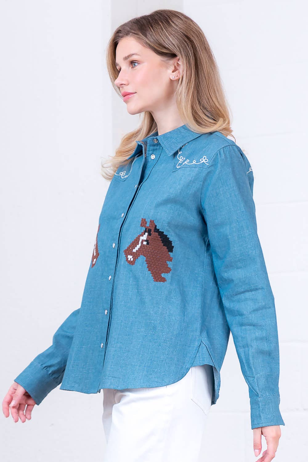 Taelynn LONG SLV BUTTON DOWN DENIM EMBROIDERY SHIRT