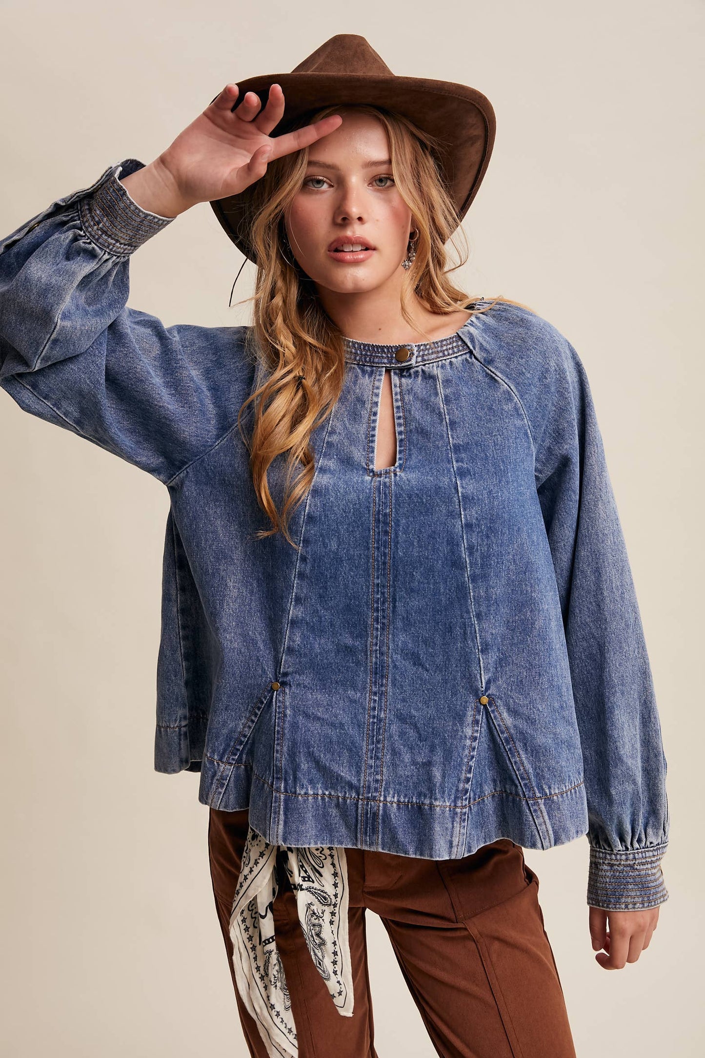 Western Denim Keyhole Blouse LT1443