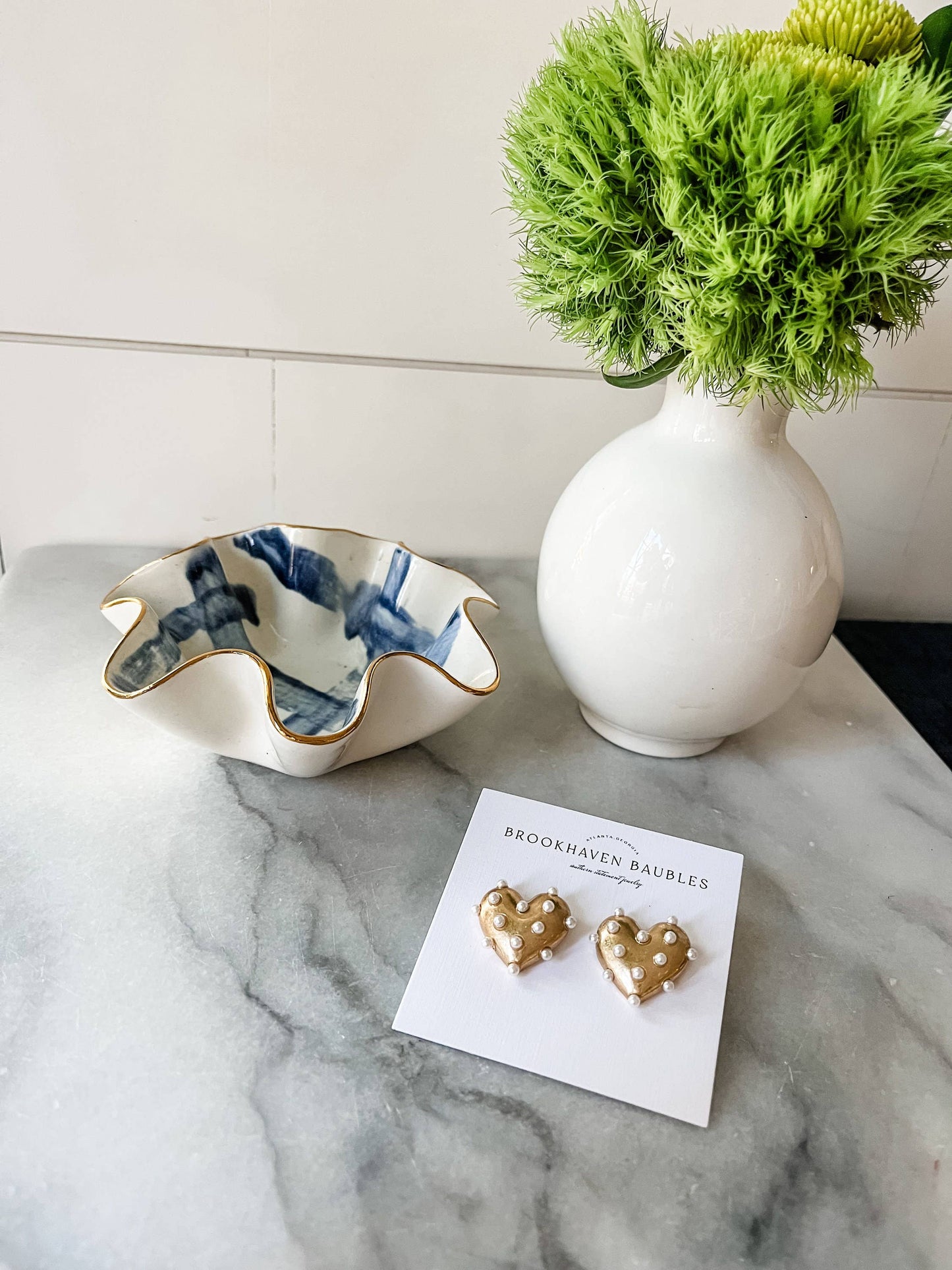 Gold Pearl Heart Statement Studs