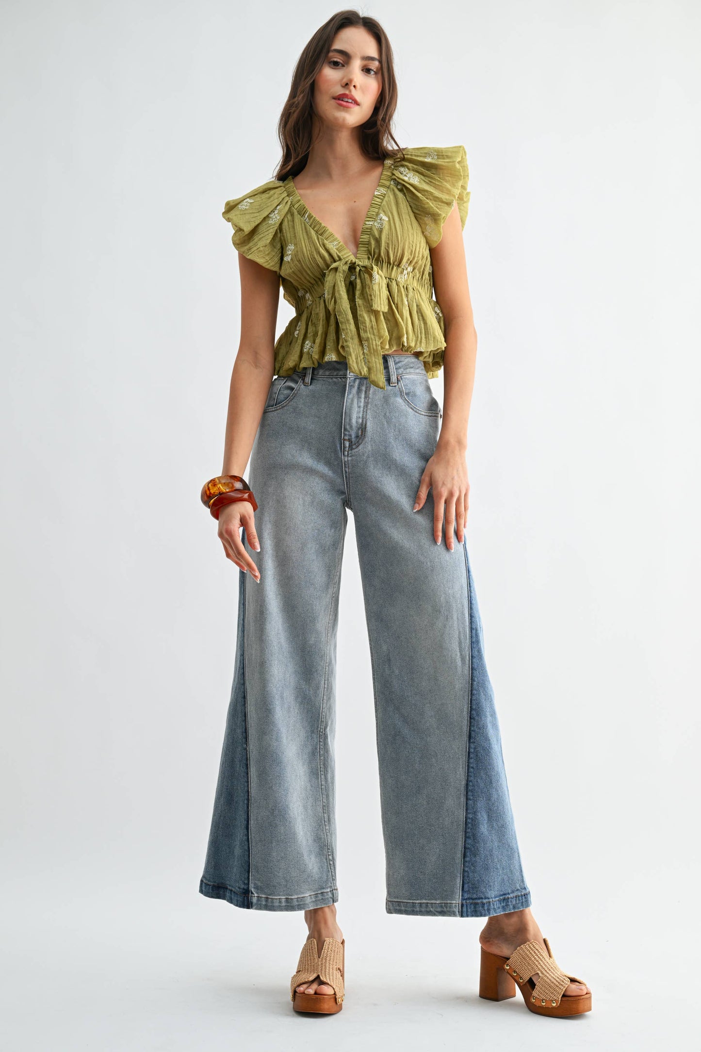 Wide-Leg Two-Tone High Waist Denim Jeans