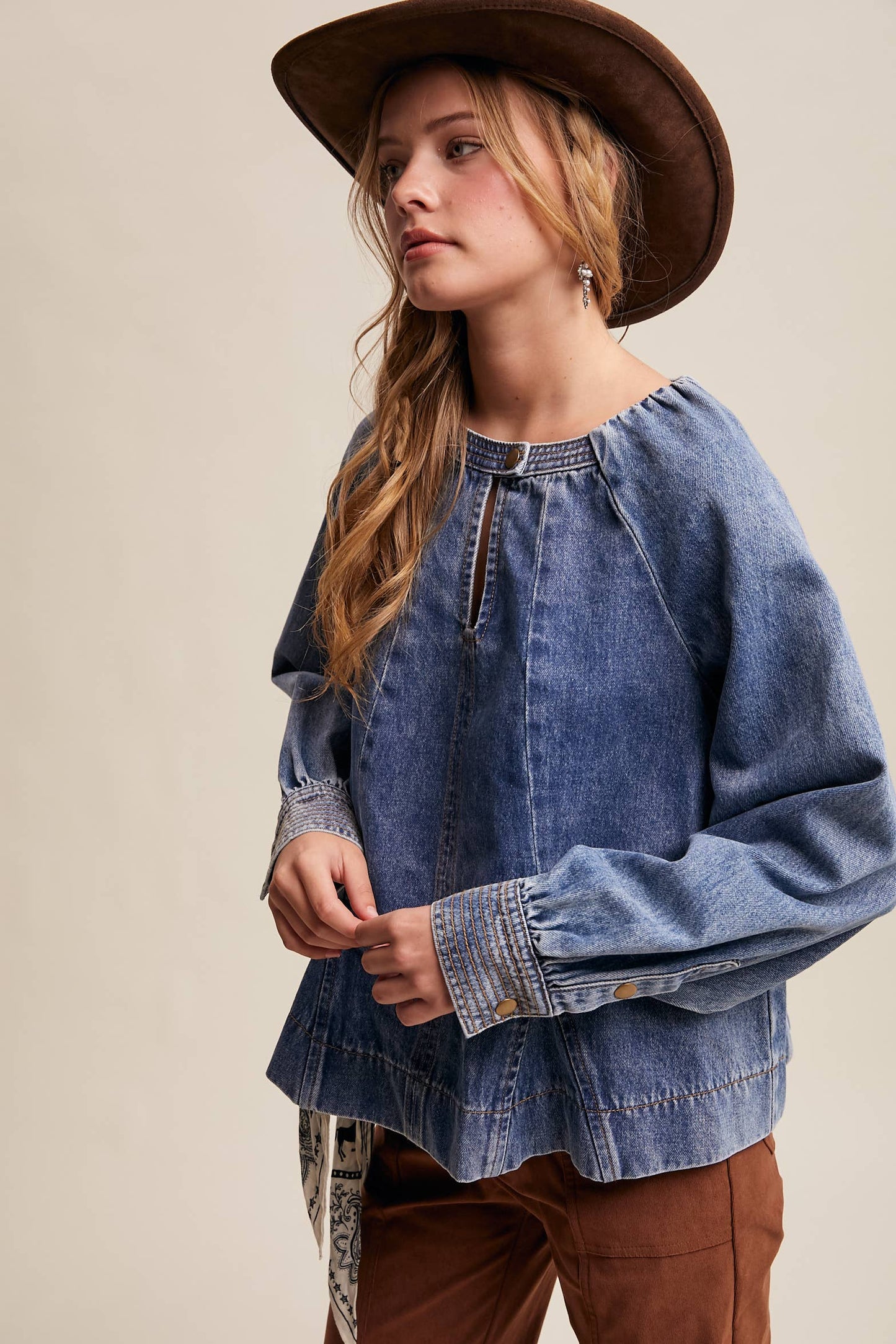 Western Denim Keyhole Blouse LT1443