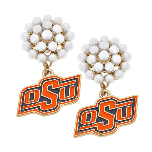 Canvas Style - Oklahoma State Cowboys Pearl Cluster Enamel Drop Earrings