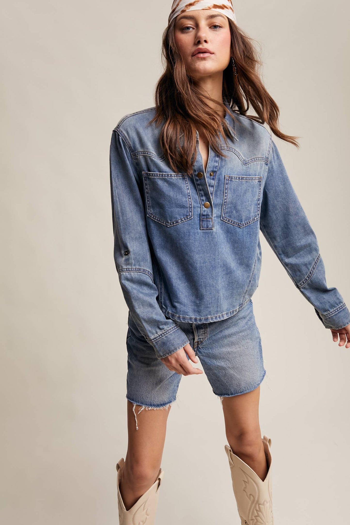 Western-Inspired Denim Popover Shirt LT1438