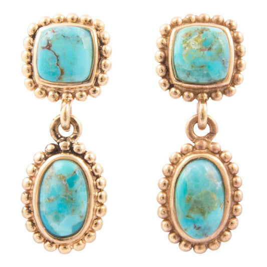 Refined Blue Turquoise Double Drop Golden Earring