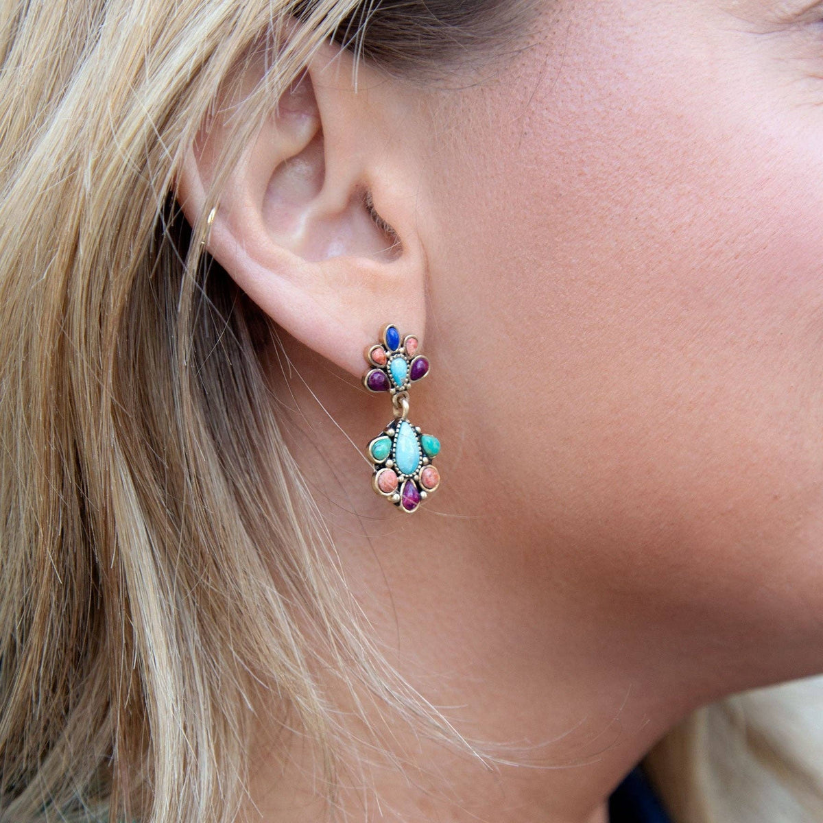 Concho Colorful Double Golden Drop Earrings