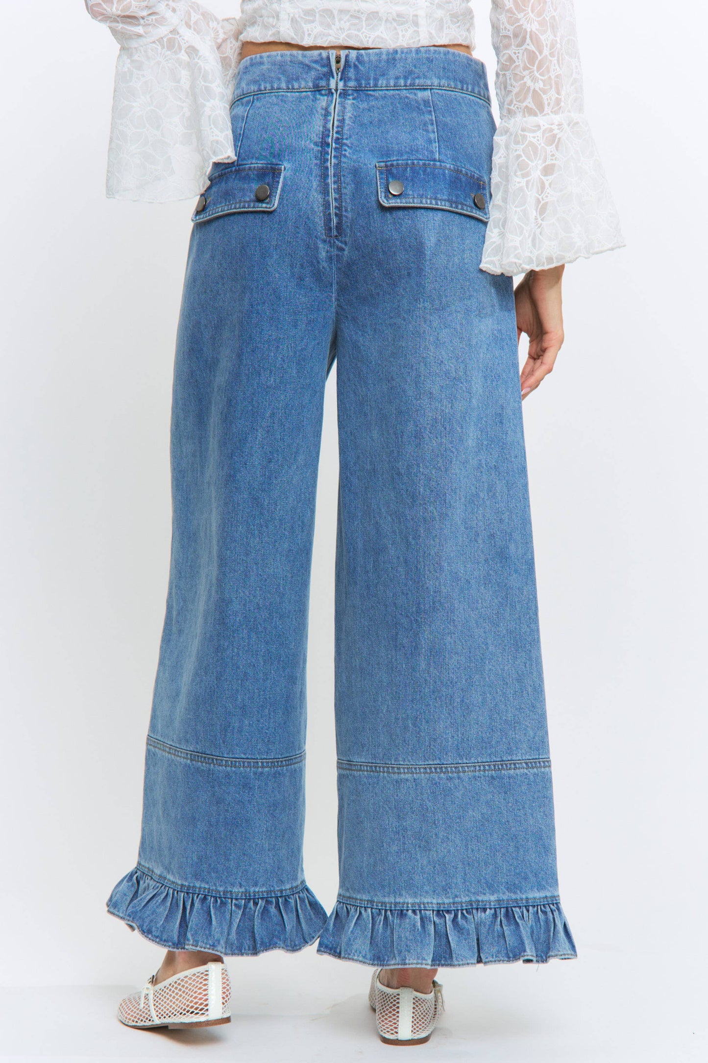 Camellia -  Wide-Leg Denim Trousers with Ruffle Hem