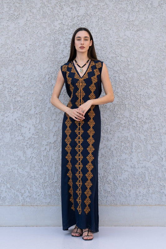 Gipci - Chic sleeveless Navy blue embroidered caftan, elegant embroidered Caftan dress, Caftan maxi dress, Caftans for women, Cotton caftans summer