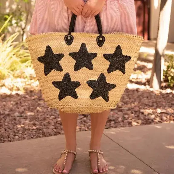 King Of Handmade - Large straw tote bag with black stars - Straw Tote Bag