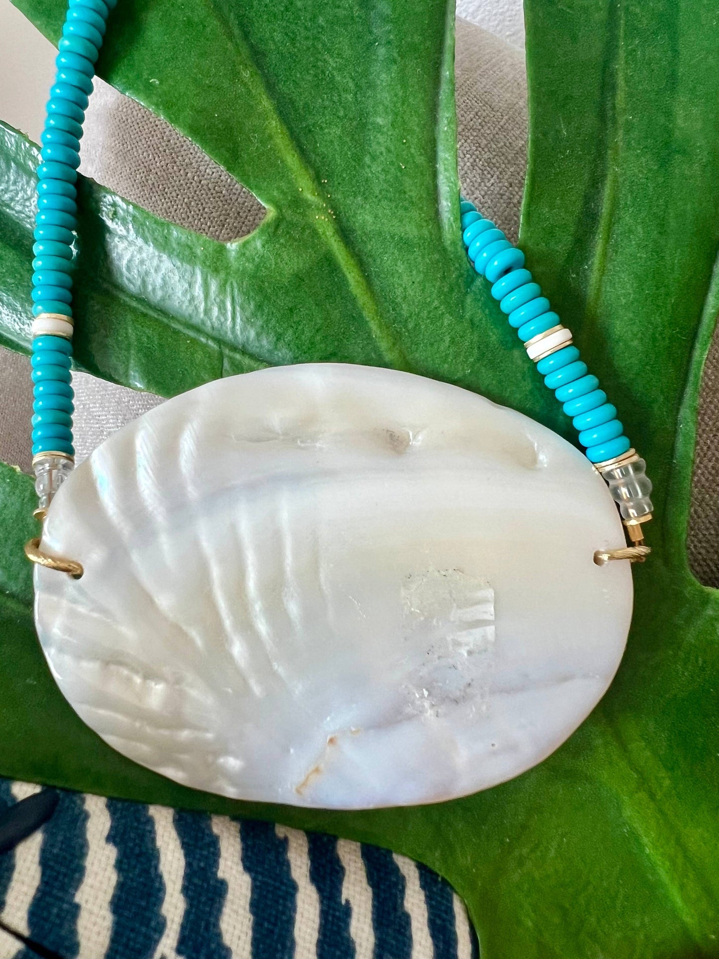 Mother of Pearl Statement with Turquoise  Bead Necklace