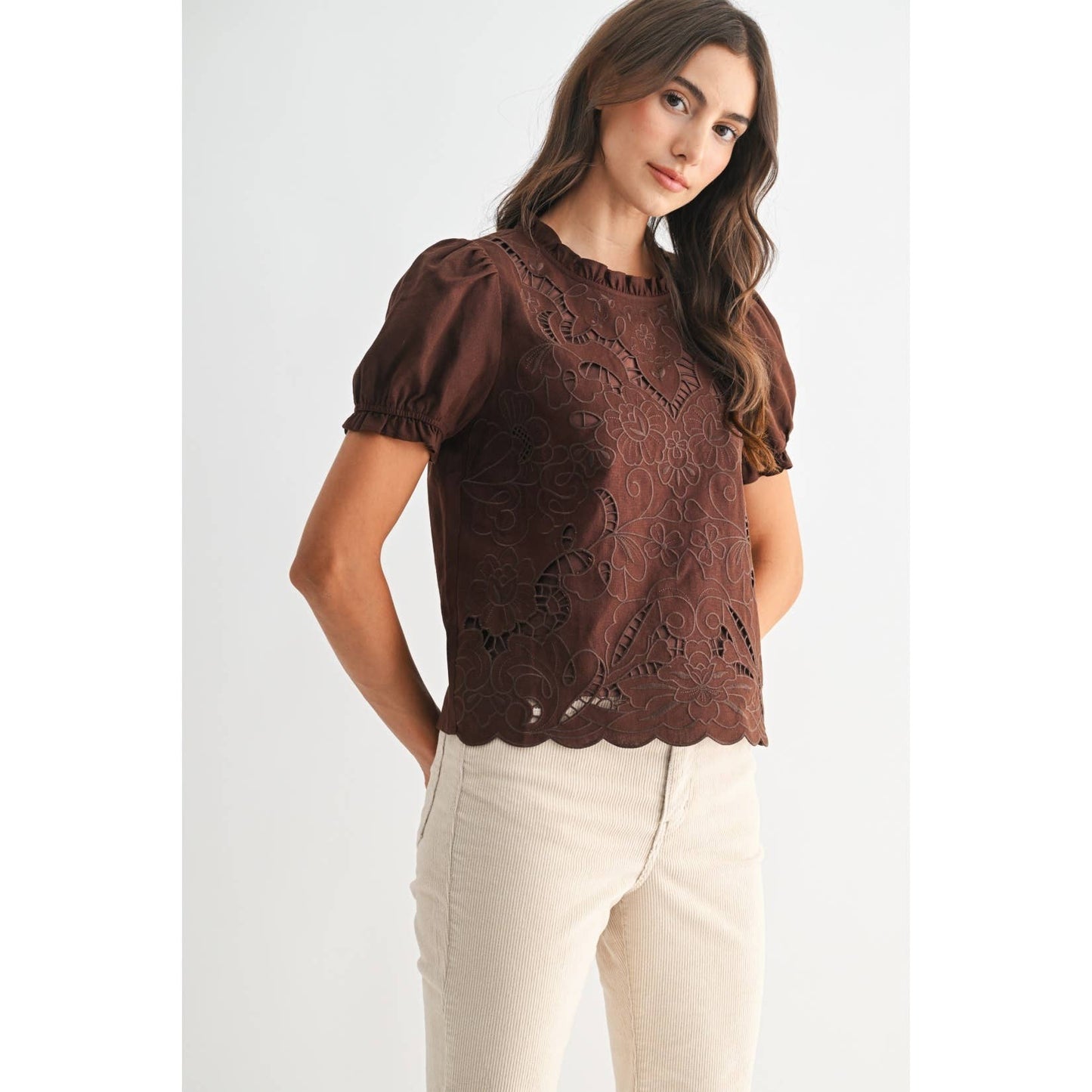 Brown Eyelet Puff Sleeve Blouse