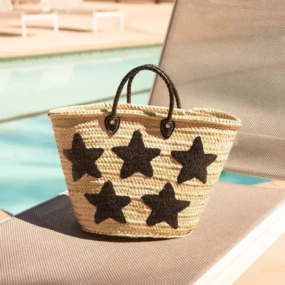 King Of Handmade - Large straw tote bag with black stars - Straw Tote Bag