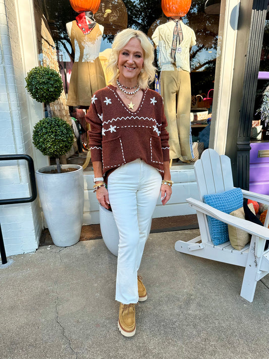 Floral stitched pullover