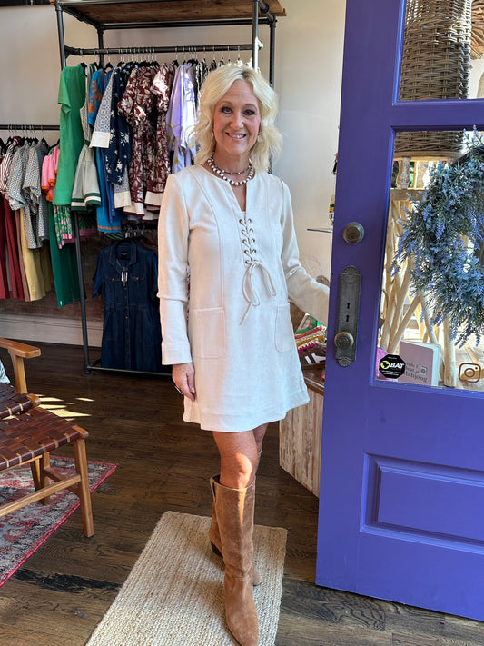 Lace Up Faux suede dress cream