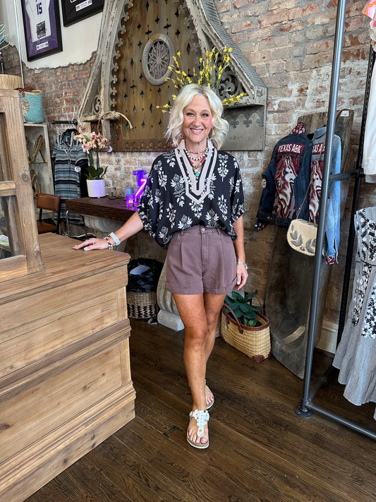 Black Block Print Blouse