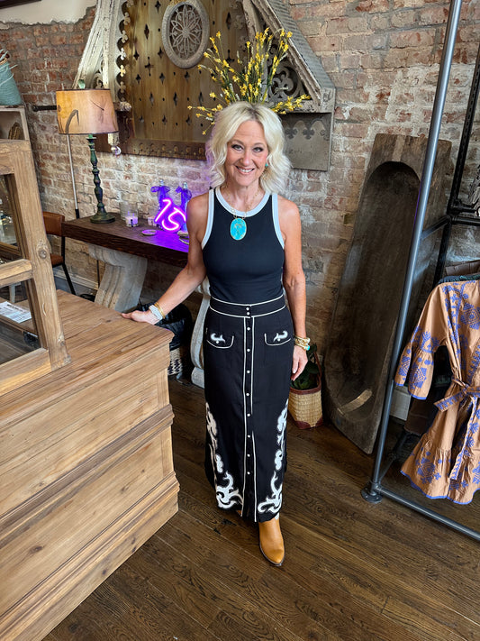 Black Boot Stitch Snap-Front Western Maxi Skirt
