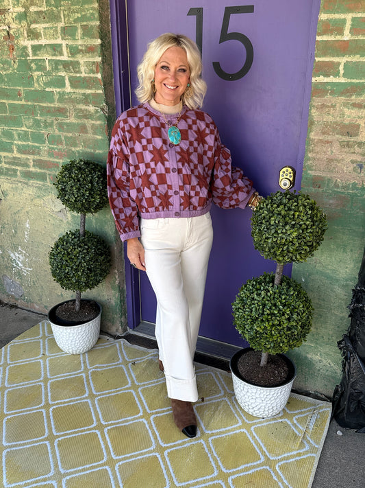 Ivy Jane "quilted star" jacket- red and purple