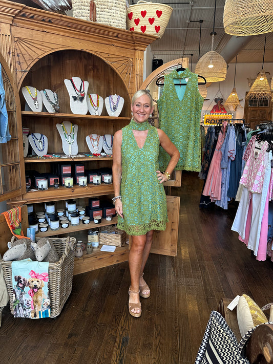 Emily McCarthy olive hour crochet mini dress