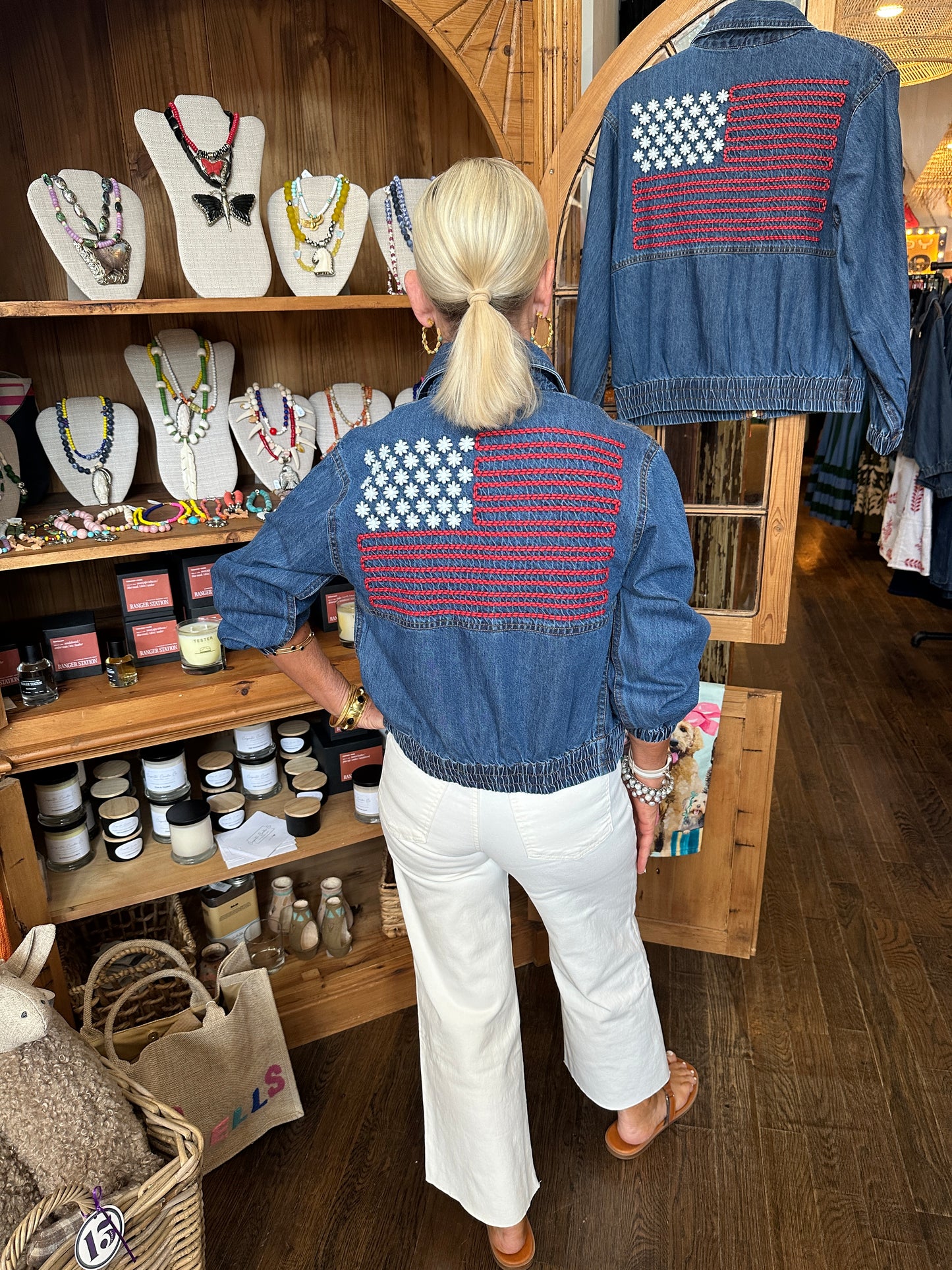 Denim Flag Embroidery Bomber Jacket
