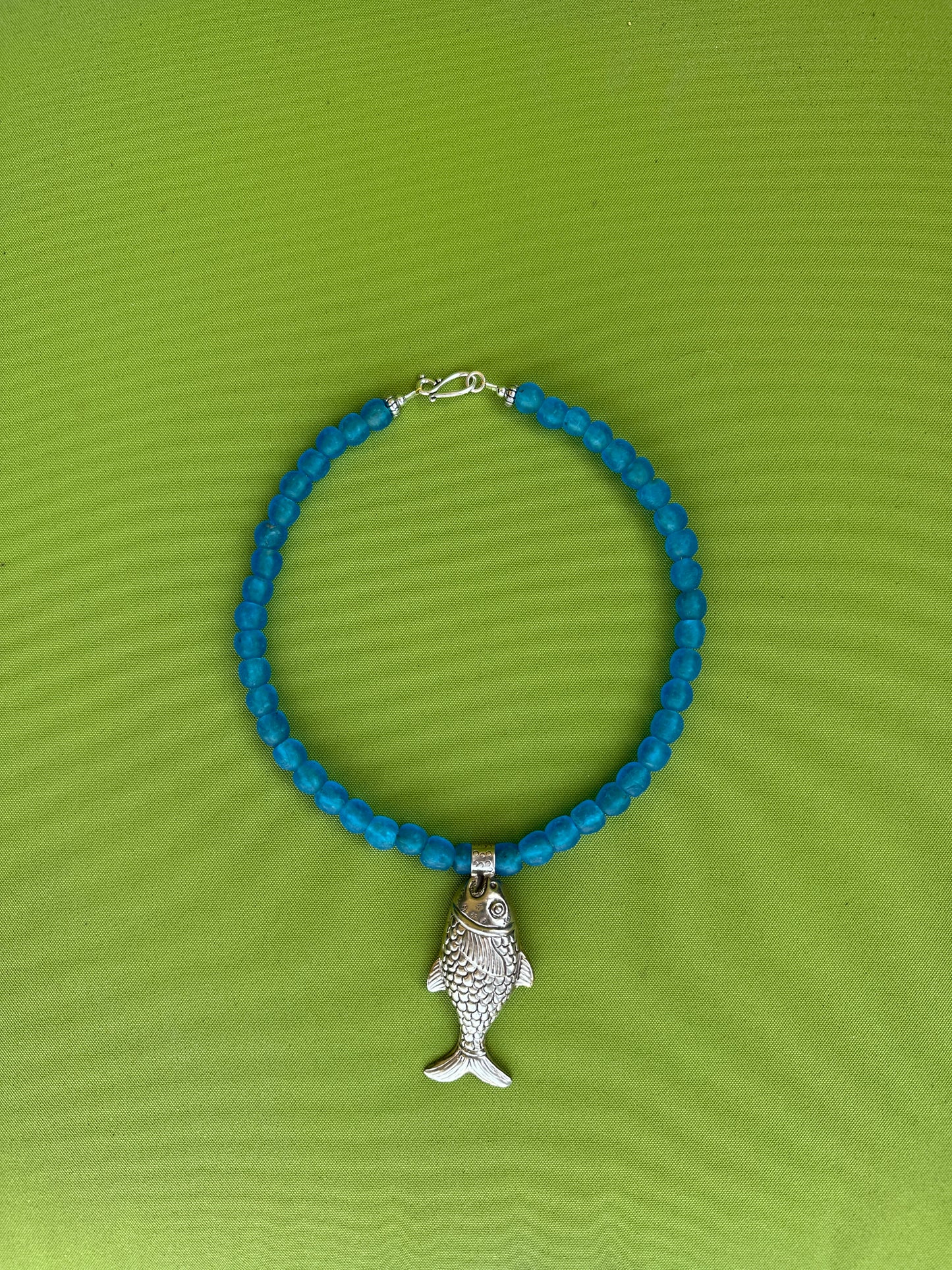 Blue Seaglass Necklace with silver fish