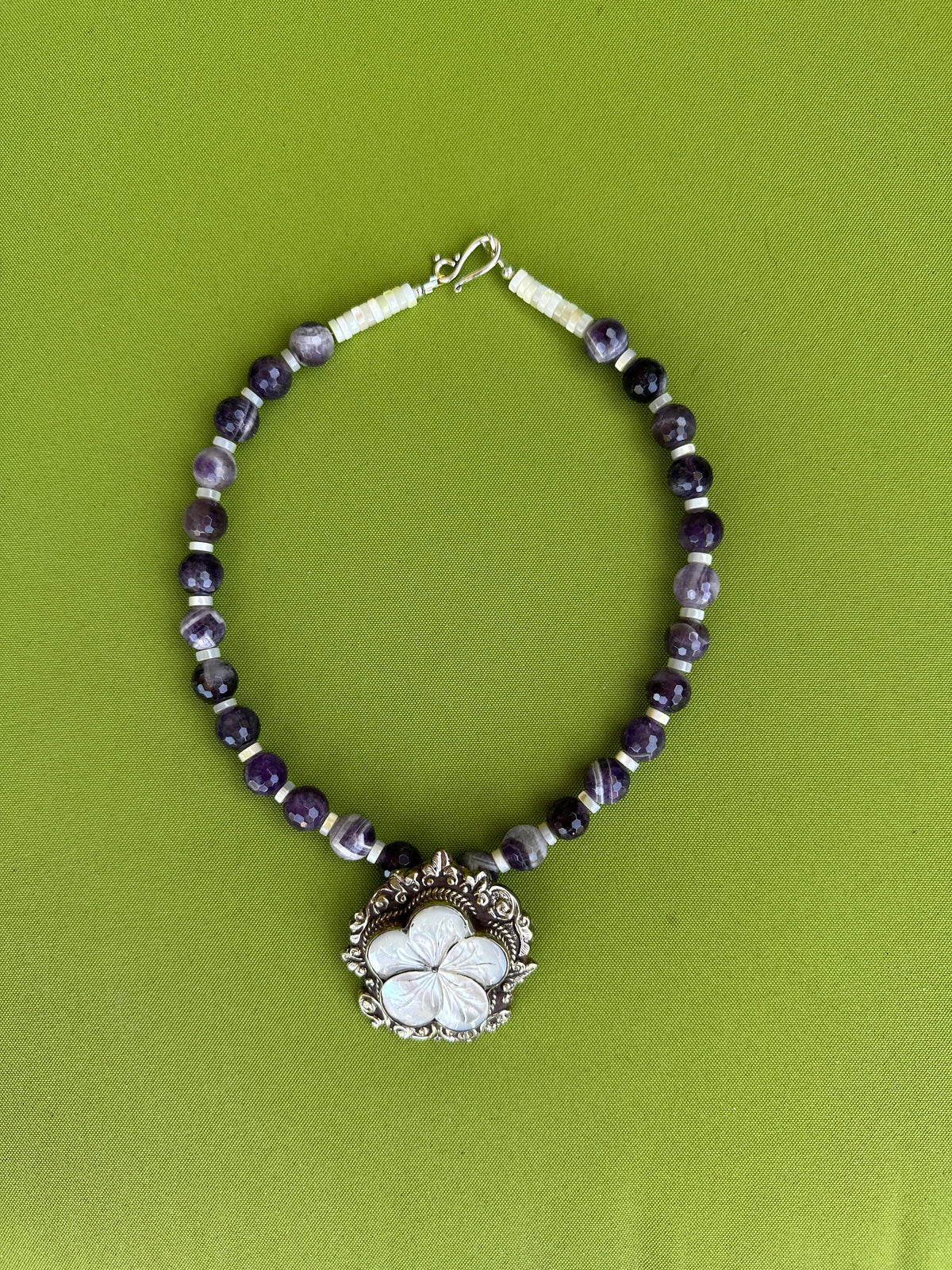 Amethyst  gemstone with Mother of Pearl Flower Pandant
