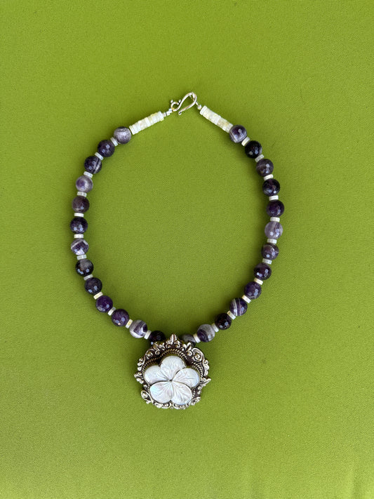 Amethyst  gemstone with Mother of Pearl Flower Pandant