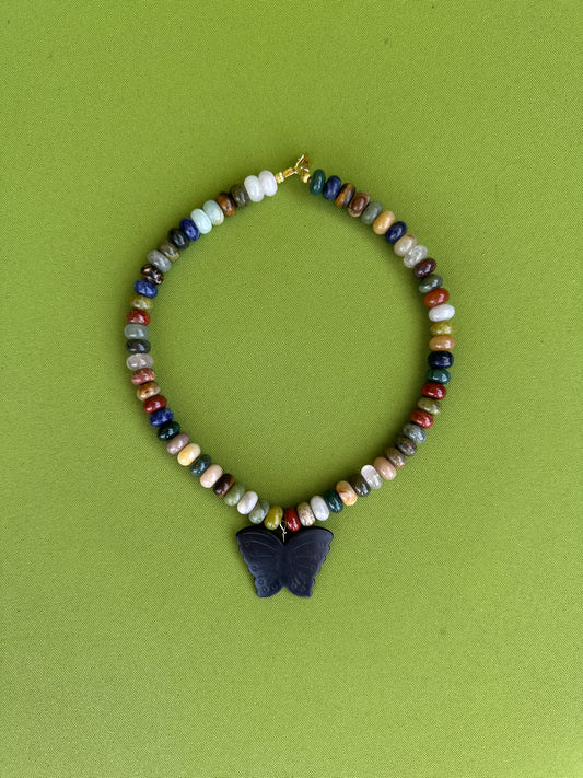 Black butterfly with Multi colored stone necklace