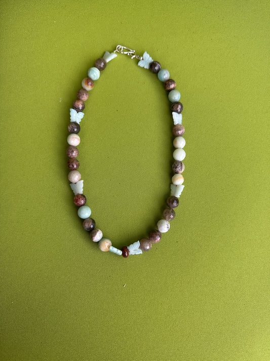 teal and brown butterfly beaded necklace
