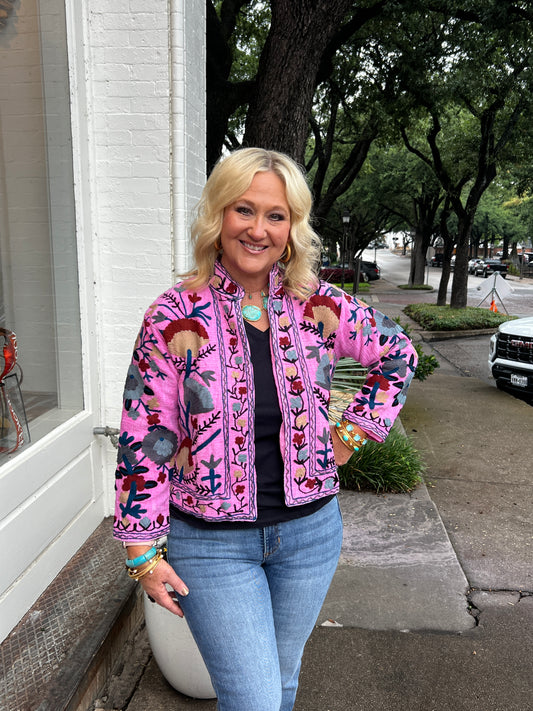 Cotton Suzani Hand Embroidered Jacket - Pink