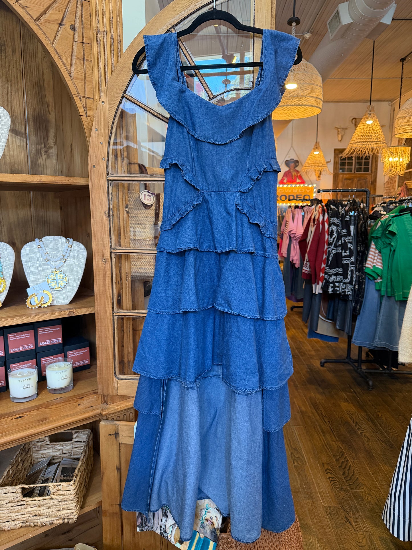 Tiered Denim Off the Shoulder Dress