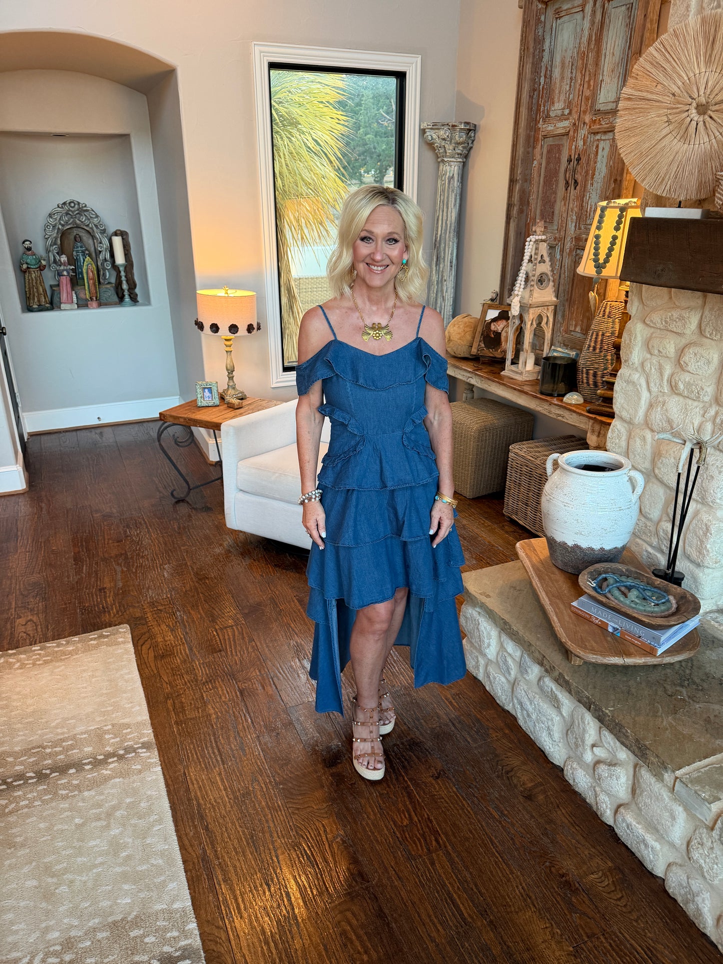 Tiered Denim Off the Shoulder Dress