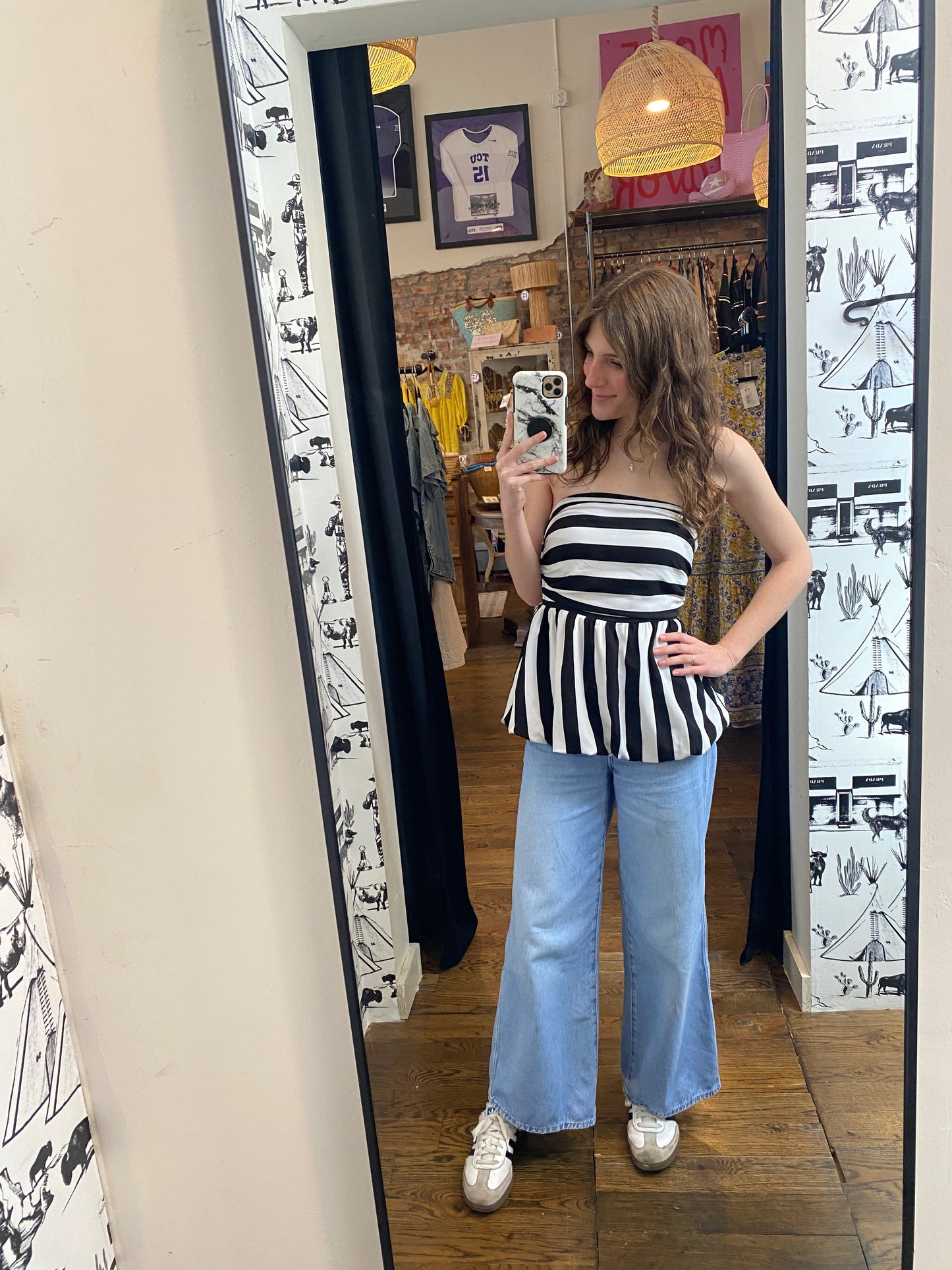Miss Sparkling - Stripe strapless peplum top