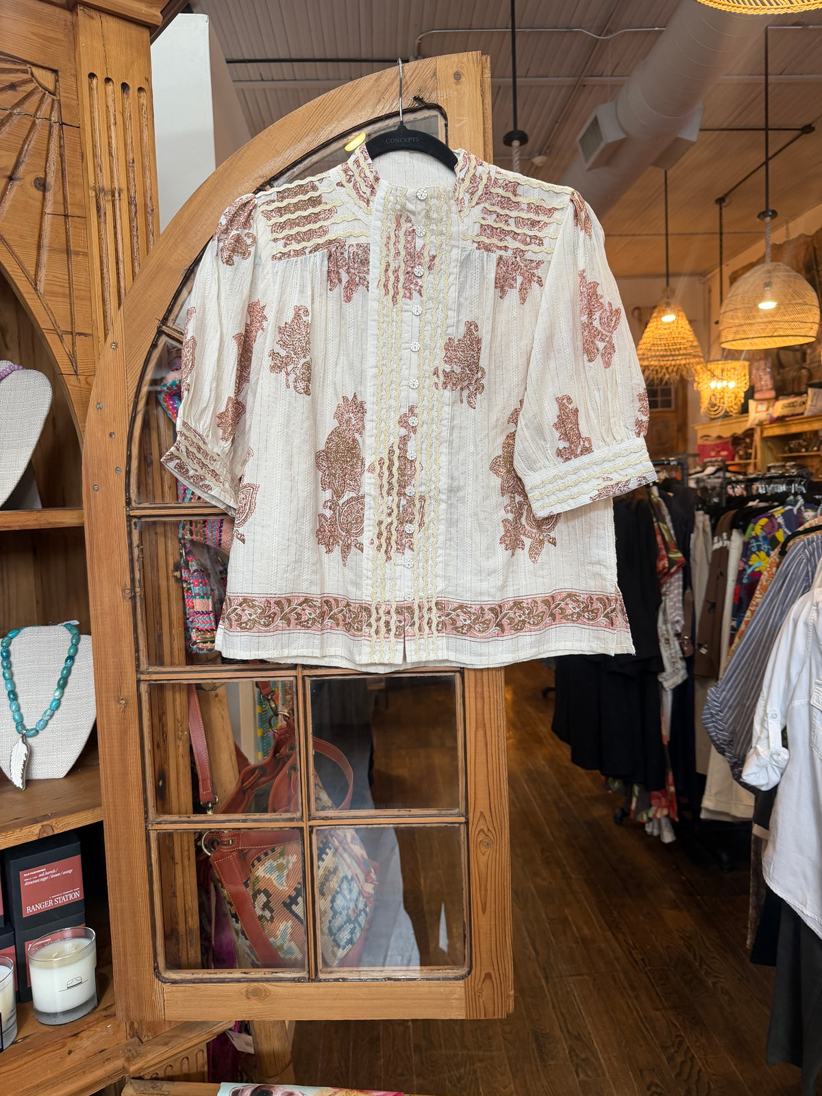 Ivy Jane Metallic Trim Paisley Top