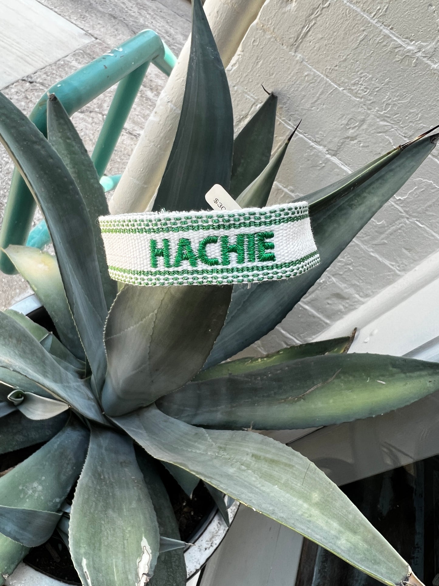 Green and White "Hachie" Embroidered Bracelet