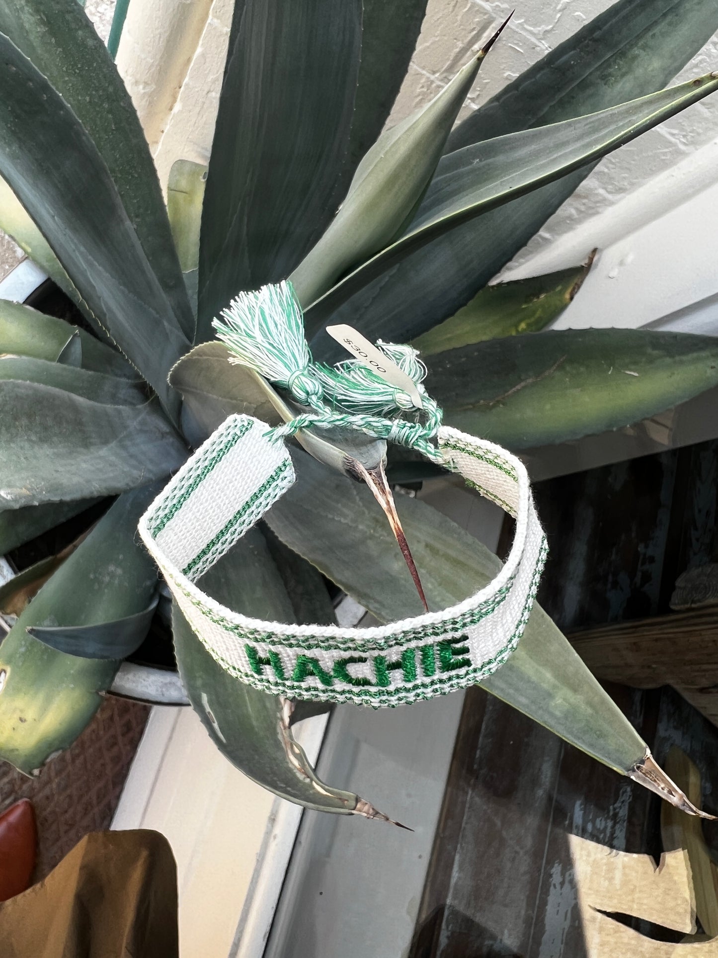Green and White "Hachie" Embroidered Bracelet