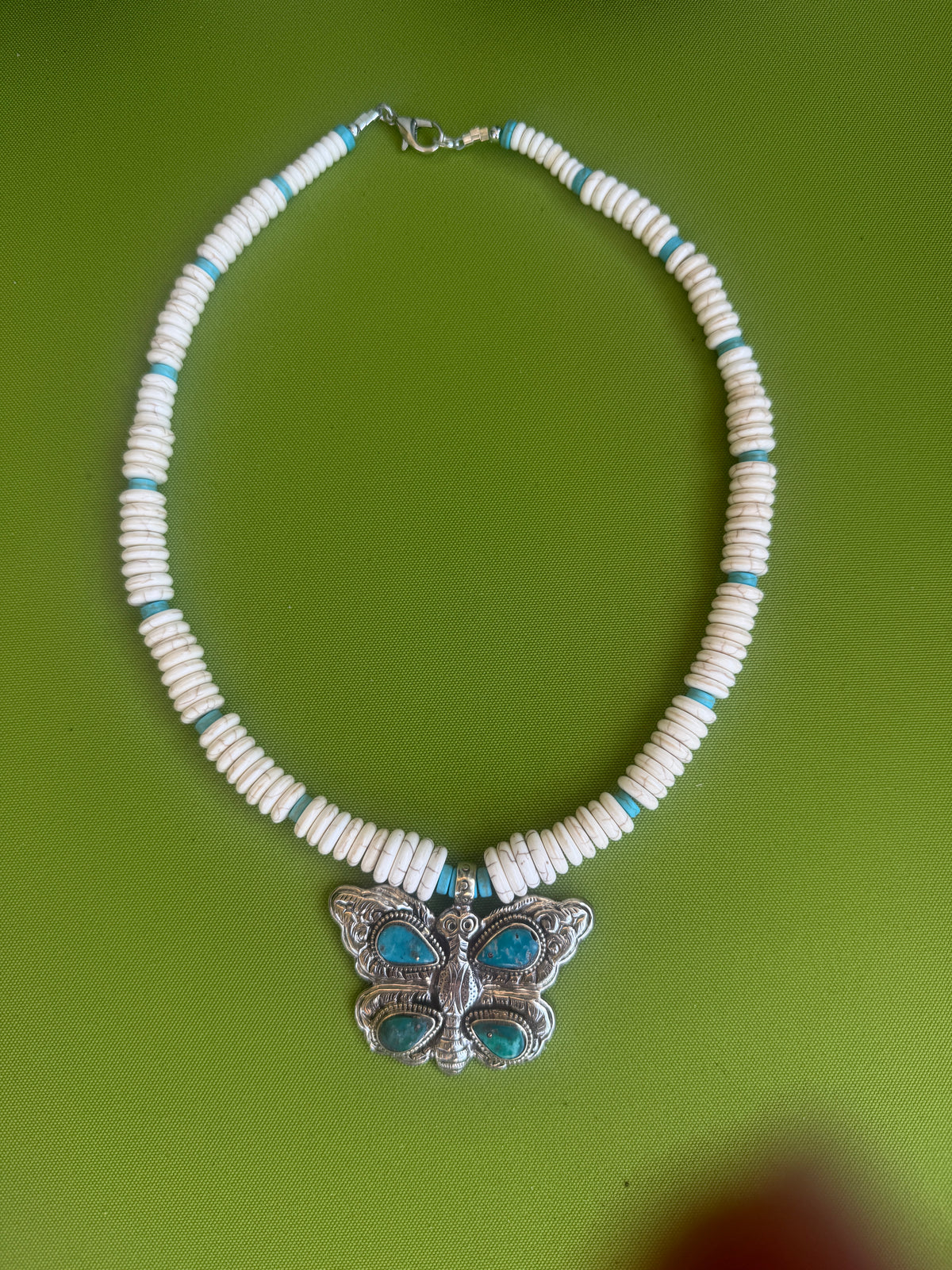 cream and turquoise butterfly necklace
