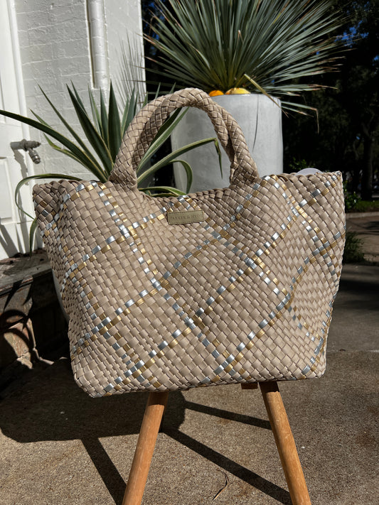 Parker and Hyde- Beige Metallic Oversized Woven Tote