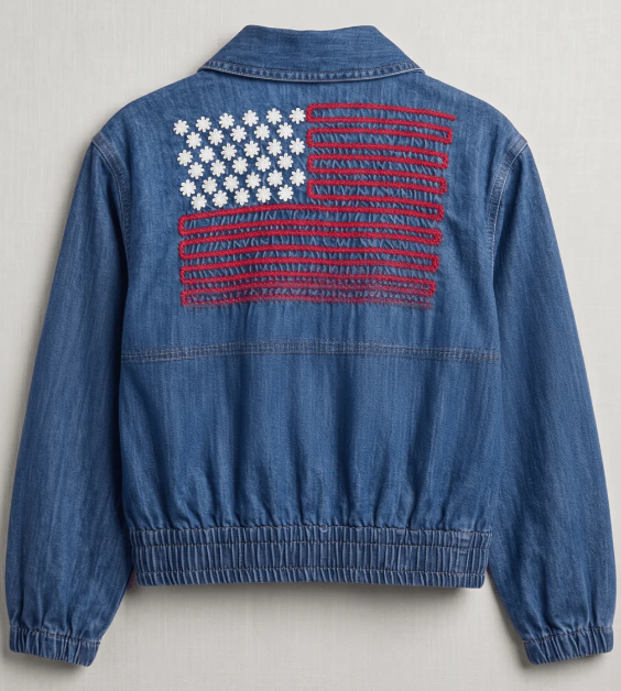 Denim Flag Embroidery Bomber Jacket